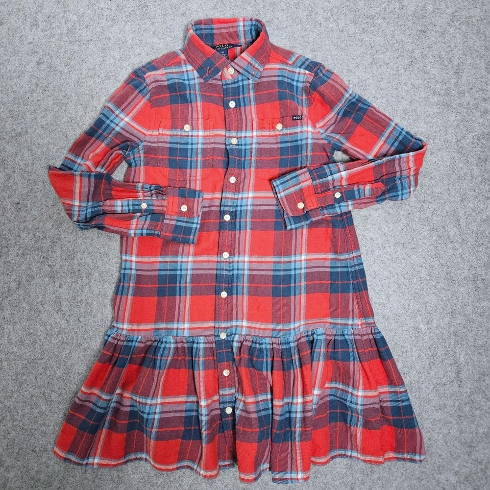 Polo Ralph Lauren Girls Red Blue Plaid Flannel Ruffle Shirt Dress Size 10
